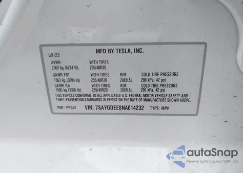 2022 Tesla Model Y Long Range Dual Motor All-Wheel Drive z USA, uszkodzony, nr VIN 7SAYGDEE8NA014232